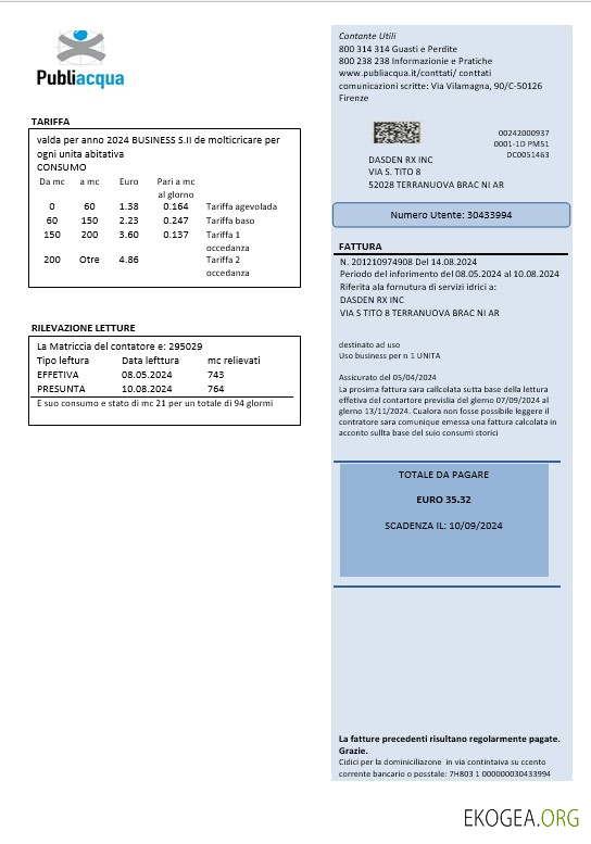 Modèle de facture de services publics d'entreprise Italie Publiacqua au format Word et PDF